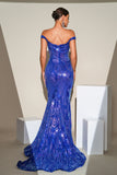 Blue Mermaid paillettes scintillanti Off The Shoulder Abito da cerimonia con fessura