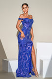 Blue Mermaid paillettes scintillanti Off The Shoulder Abito da cerimonia con fessura