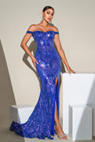 Blue Mermaid paillettes scintillanti Off The Shoulder Abito da cerimonia con fessura