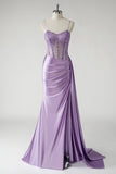 Sparkly viola corsetto in raso laterale mantello lungo abito da ballo con fessura