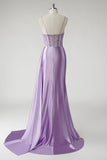 Sparkly viola corsetto in raso laterale mantello lungo abito da ballo con fessura