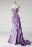 Sparkly viola corsetto in raso laterale mantello lungo abito da ballo con fessura