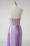 Sparkly viola corsetto in raso laterale mantello lungo abito da ballo con fessura