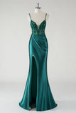 Scintillante verde scuro Spaghetti Straps Mermaid Prom Dress con fessura