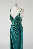Scintillante verde scuro Spaghetti Straps Mermaid Prom Dress con fessura