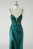 Scintillante verde scuro Spaghetti Straps Mermaid Prom Dress con fessura