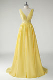 Giallo A Line Profondo V-Neck Abito da ballo lungo