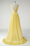 Giallo A Line Profondo V-Neck Abito da ballo lungo