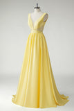 Giallo A Line Profondo V-Neck Abito da ballo lungo