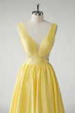 Giallo A Line Profondo V-Neck Abito da ballo lungo