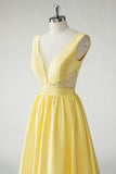 Giallo A Line Profondo V-Neck Abito da ballo lungo