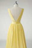 Giallo A Line Profondo V-Neck Abito da ballo lungo