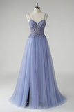 Sparkly grigio blu una linea tulle Abito da cerimonia con fessura