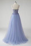 Sparkly grigio blu una linea tulle Abito da cerimonia con fessura