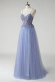 Sparkly grigio blu una linea tulle Abito da cerimonia con fessura