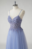 Sparkly grigio blu una linea tulle Abito da cerimonia con fessura