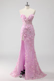Lilla senza spalline Coset Applique sirena abito lungo da ballo con fessura