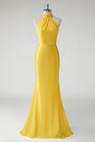 Giallo sirena Halter Satin Abito lungo da ballo