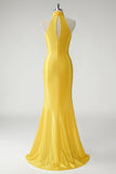 Giallo sirena Halter Satin Abito lungo da ballo