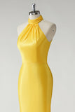 Giallo sirena Halter Satin Abito lungo da ballo