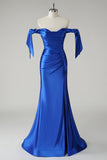 Royal Blue Mermaid Off la spalla plissettato Prom Dress