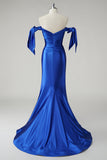 Royal Blue Mermaid Off la spalla plissettato Prom Dress