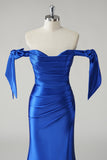 Royal Blue Mermaid Off la spalla plissettato Prom Dress