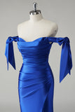Royal Blue Mermaid Off la spalla plissettato Prom Dress