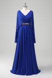 Royal Blue A Line V-Neck Chiffon Abito lungo da madre con cintura