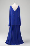 Royal Blue A Line V-Neck Chiffon Abito lungo da madre con cintura