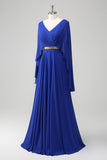 Royal Blue A Line V-Neck Chiffon Abito lungo da madre con cintura