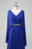 Royal Blue A Line V-Neck Chiffon Abito lungo da madre con cintura