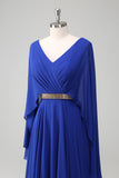 Royal Blue A Line V-Neck Chiffon Abito lungo da madre con cintura