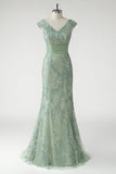 Verde con scollo a V sirena Appliques paillettes Cap Maniche Prom Dress
