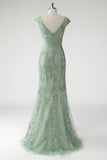 Verde con scollo a V sirena Appliques paillettes Cap Maniche Prom Dress
