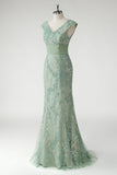 Verde con scollo a V sirena Appliques paillettes Cap Maniche Prom Dress