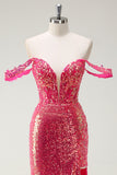 Fucsia sirena paillettes Off The Shoulder Abito da cerimonia