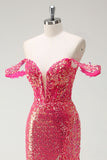 Fucsia sirena paillettes Off The Shoulder Abito da cerimonia