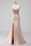 Blush Satin Mermaid paillettes lungo abito da ballo con fessura