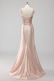 Blush Satin Mermaid paillettes lungo abito da ballo con fessura