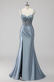 Blush Satin Mermaid paillettes lungo abito da ballo con fessura