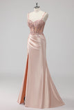 Blush Satin Mermaid paillettes lungo abito da ballo con fessura