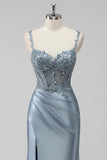 Blush Satin Mermaid paillettes lungo abito da ballo con fessura