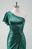 Verde scuro metallizzato una spalla sirena Cocktail Dress con volant