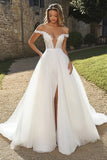 Avorio A Line Tulle Off the Shoulder Applliqued Abito da sposa con fessura