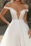 Avorio A Line Tulle Off the Shoulder Applliqued Abito da sposa con fessura