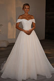 Scintillante avorio una linea tulle fuori dalla spalla abito da sposa plissettato