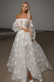 pizzo avorio una linea di appliques off la spalla weddinng abito con fessura