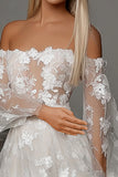 pizzo avorio una linea di appliques off la spalla weddinng abito con fessura