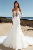 pizzo tulle avorio off la spalla sirena abito da sposa